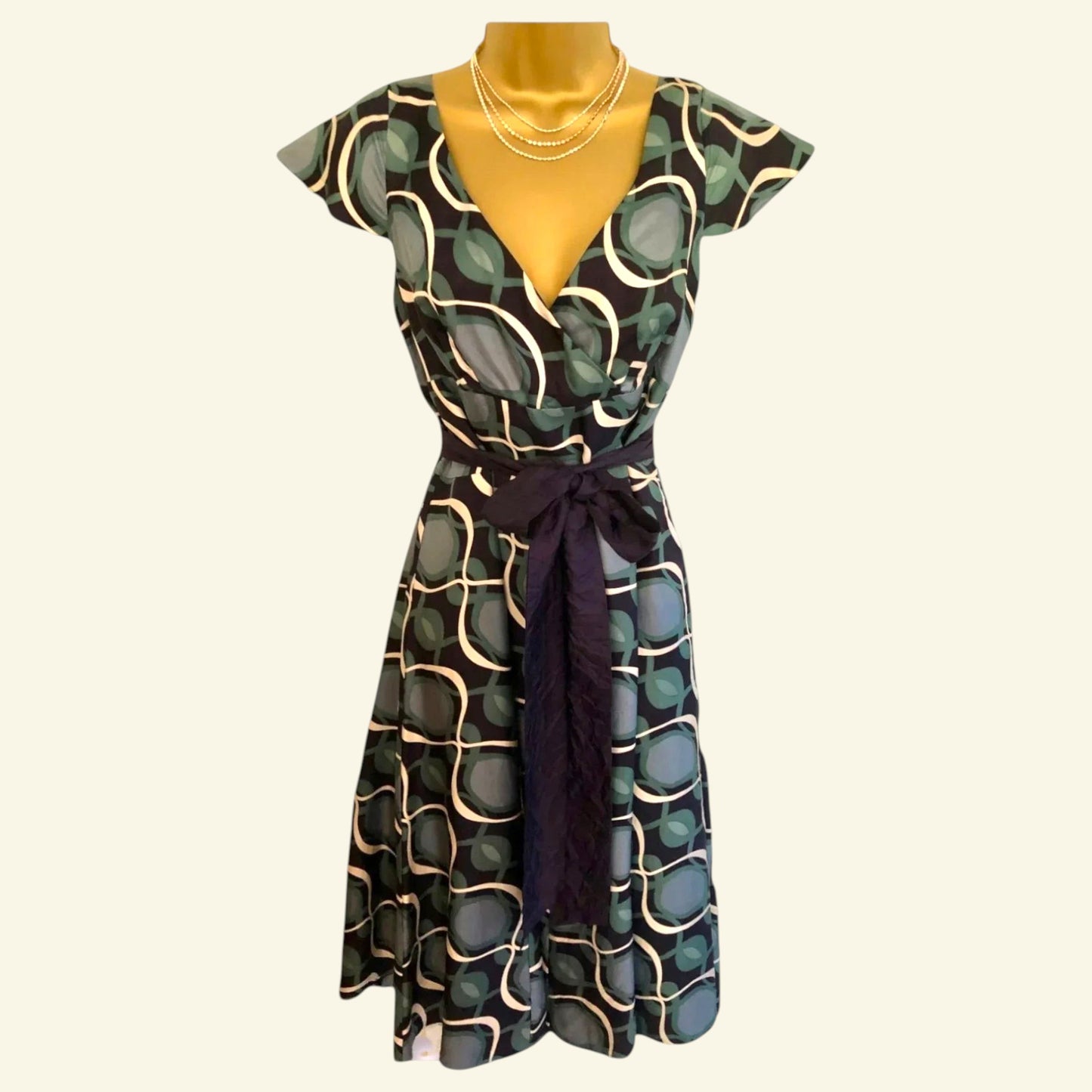 Monsoon Green Navy Patterned Tie Belt V Back/Front Midi Dress UK 10 US 6 EU 38 - Timelessfashions