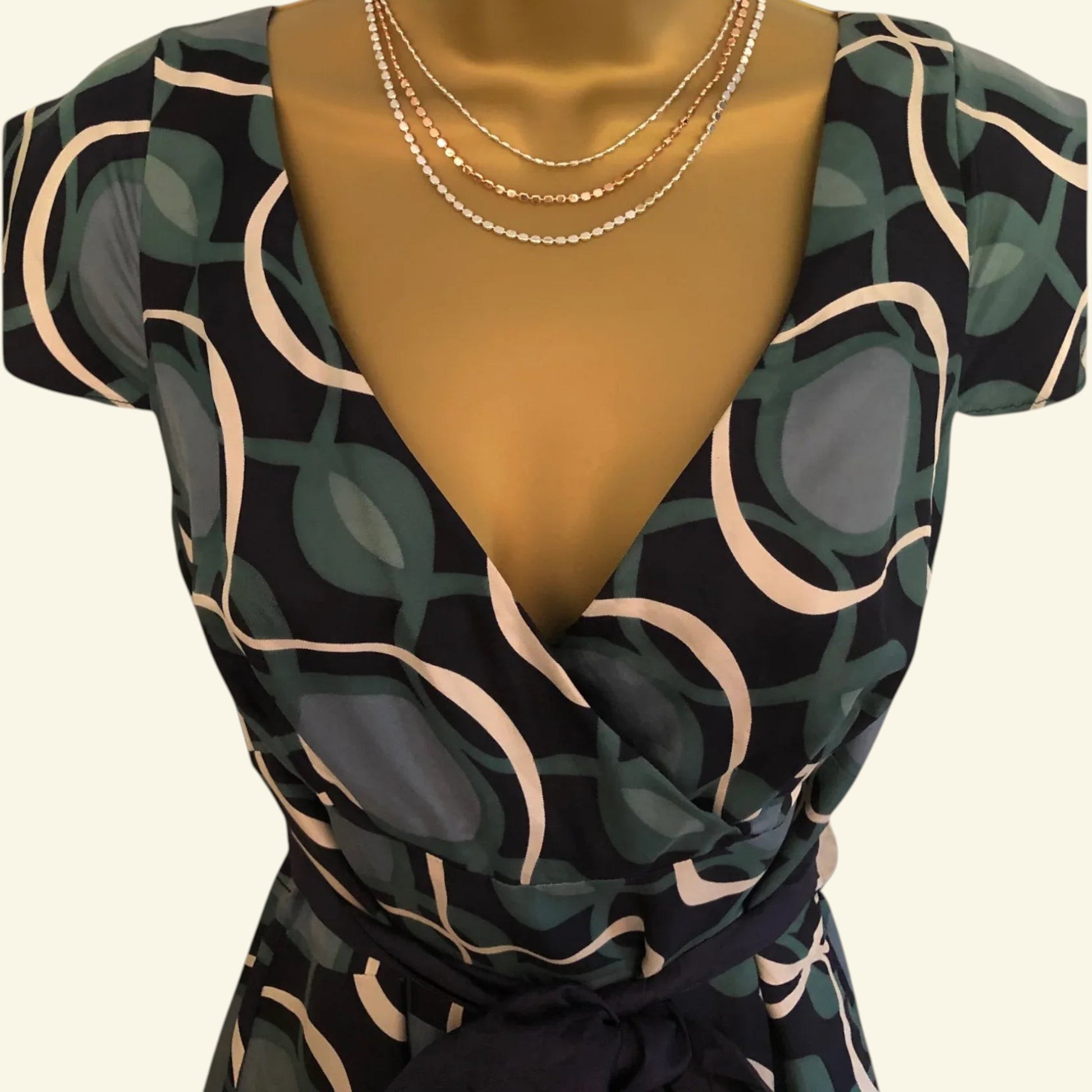 Monsoon Green Navy Patterned Tie Belt V Back/Front Midi Dress UK 10 US 6 EU 38 - Timelessfashions