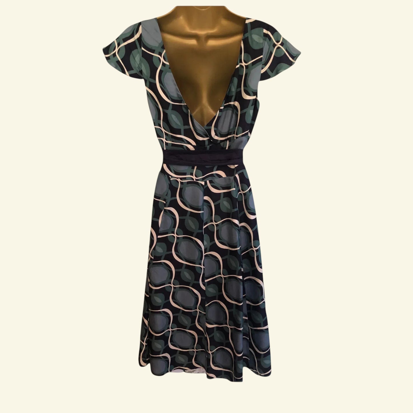 Monsoon Green Navy Patterned Tie Belt V Back/Front Midi Dress UK 10 US 6 EU 38 - Timelessfashions