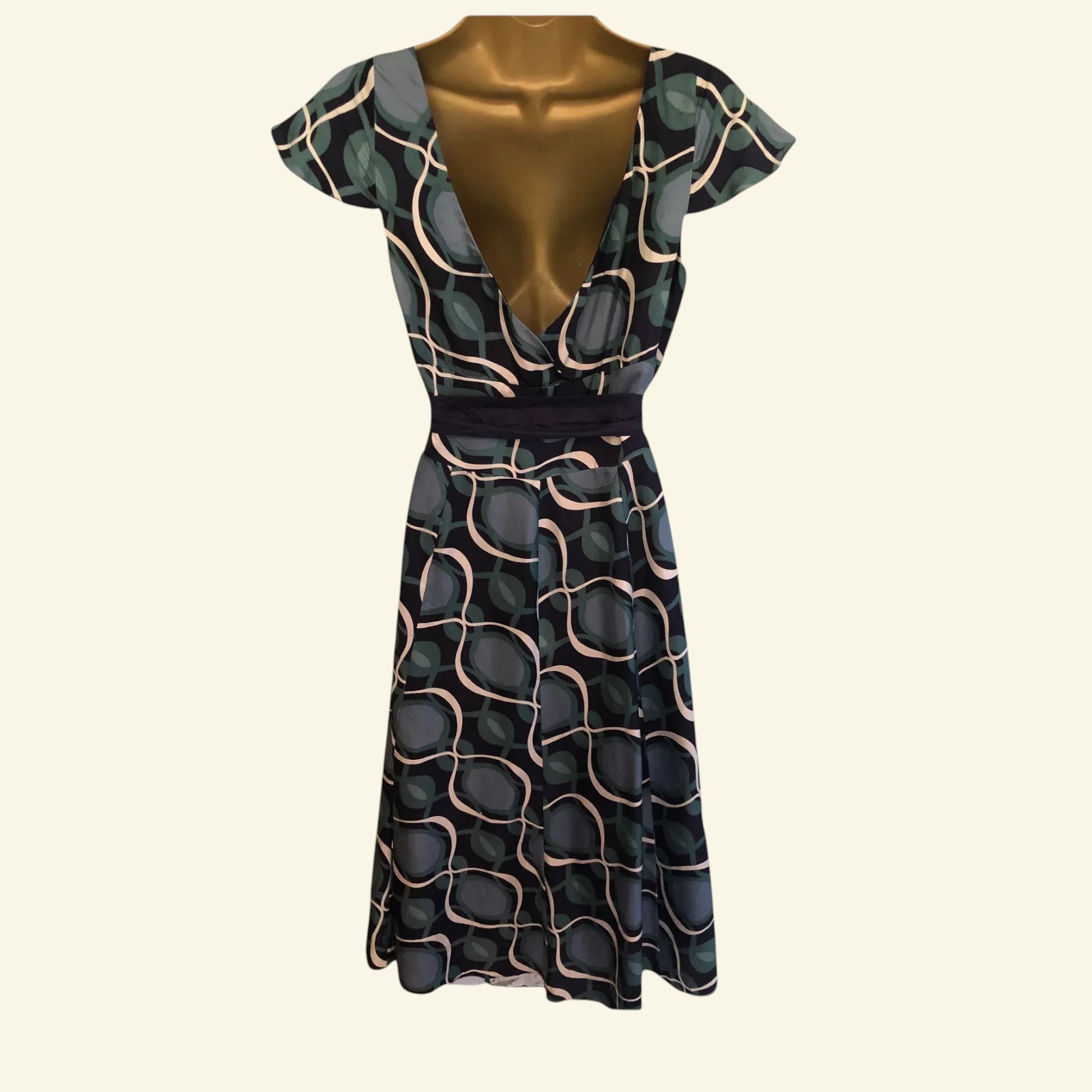 Monsoon Green Navy Patterned Tie Belt V Back/Front Midi Dress UK 10 US 6 EU 38 - Timelessfashions