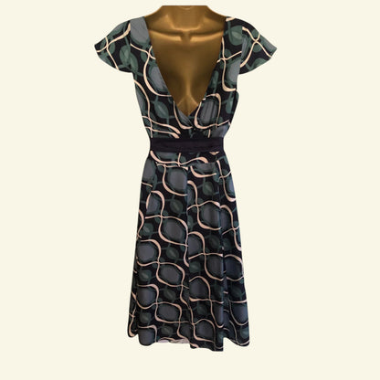 Monsoon Green Navy Patterned Tie Belt V Back/Front Midi Dress UK 10 US 6 EU 38 - Timelessfashions