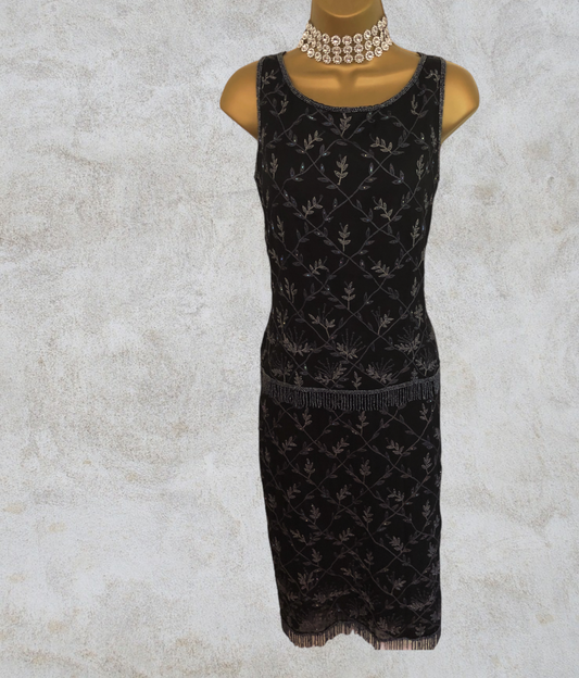 Monsoon Twilight Black Vintage Silk Beaded Skirt & Top Flapper Dress UK 10 US 6 EU 38 Timeless Fashions