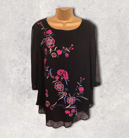 Pomodoro Black Chiffon Embroidered Floral Top UK 18 US 14 EU 46 Timeless Fashions