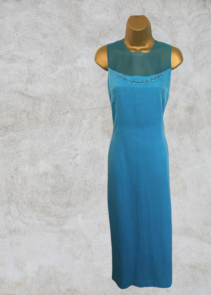 Tuzzi Long Turquoise Blue Linen & Organza Dress UK 10 Timeless Fashions