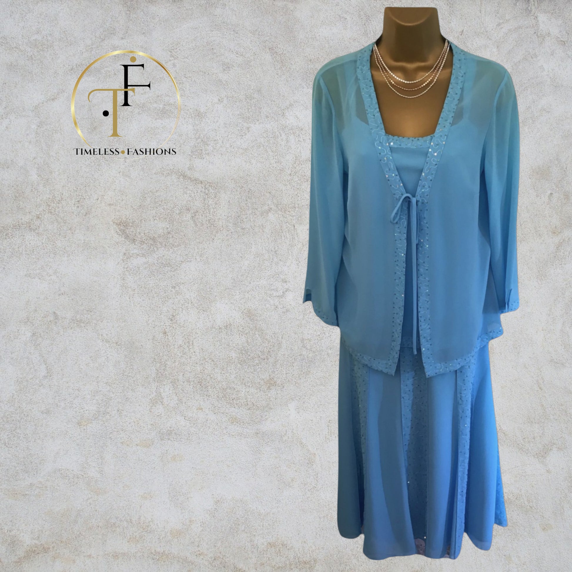 Gina Bacconi Turquoise Chiffon 3 Piece Special Occasion Outfit UK 12 BNWT RRP £250.00 Timeless Fashions
