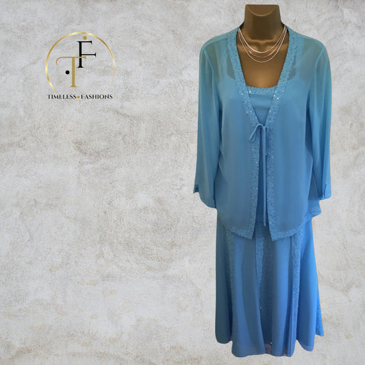 Gina Bacconi Turquoise Chiffon 3 Piece Special Occasion Outfit UK 12 US 8 EU 40 Timeless Fashions