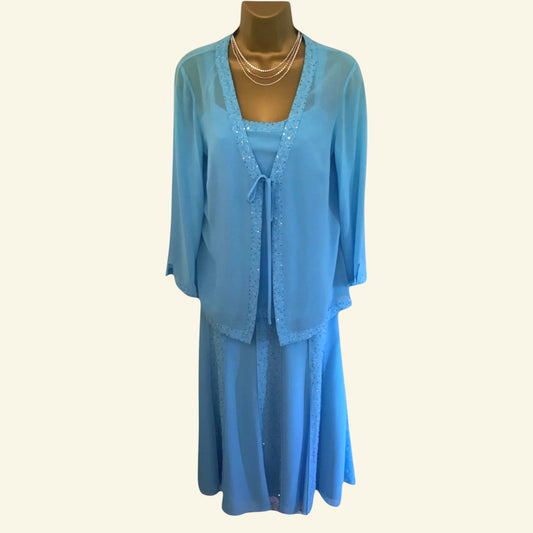 Gina Bacconi Turquoise Chiffon 3 Piece Special Occasion Outfit UK 12 US 8 EU 40 - Timelessfashions