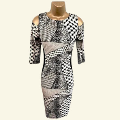 Joseph Ribkoff Black & White Cold Shoulder Dress UK 10 US 6 EU 38 - Timelessfashions