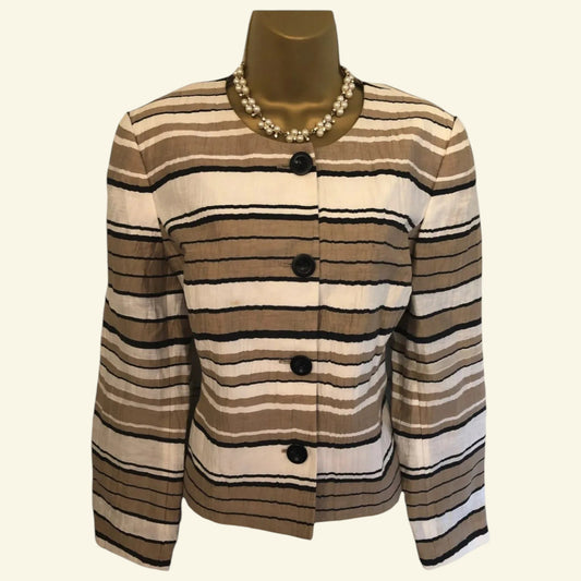Viyella Mocha, Cream & Black Linen Mix Box Jacket UK 12 US 8 EU 40 - Timelessfashions