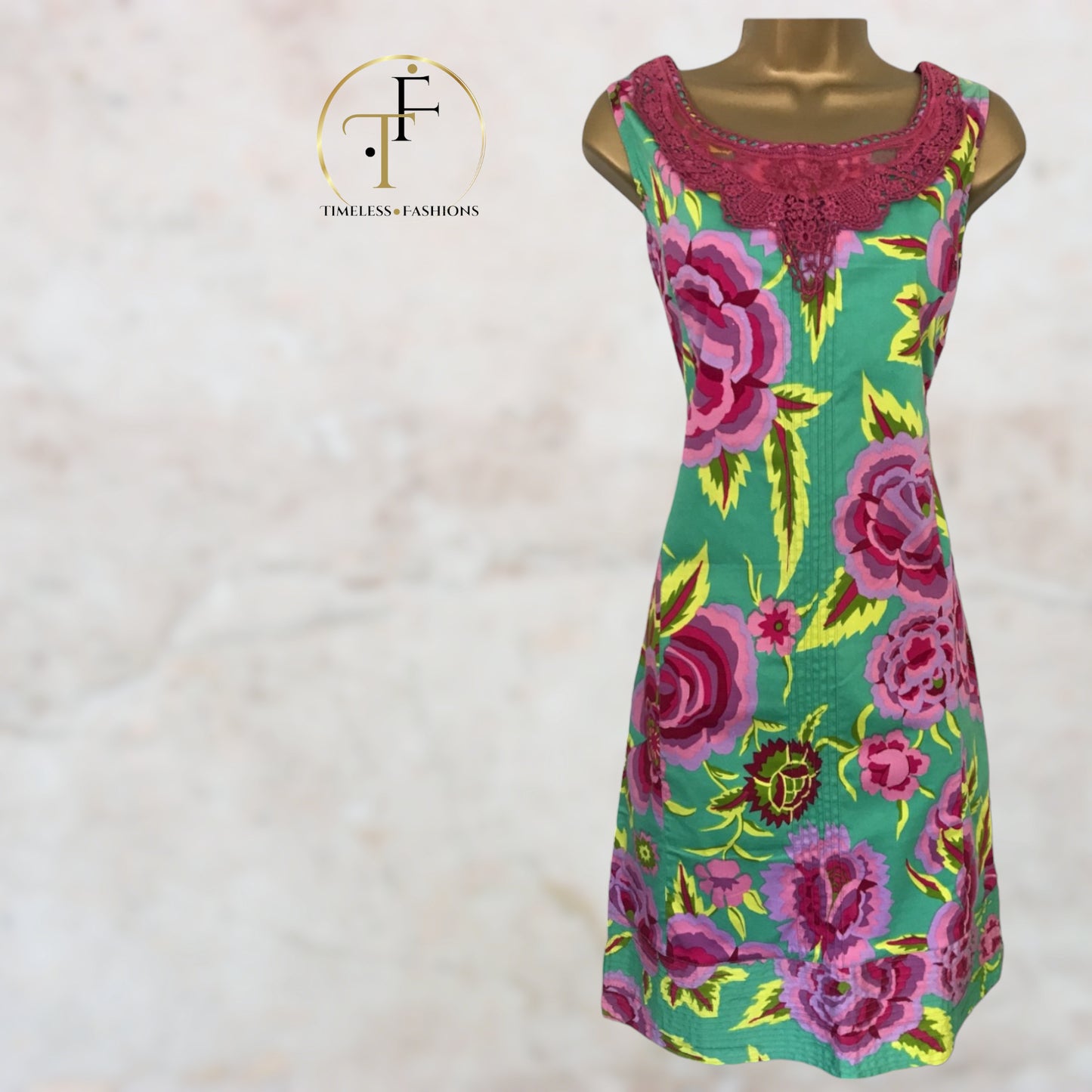 Almatrichi Green & Pink Floral Cotton Dress UK 10 US 6 EU 38 Timeless Fashions