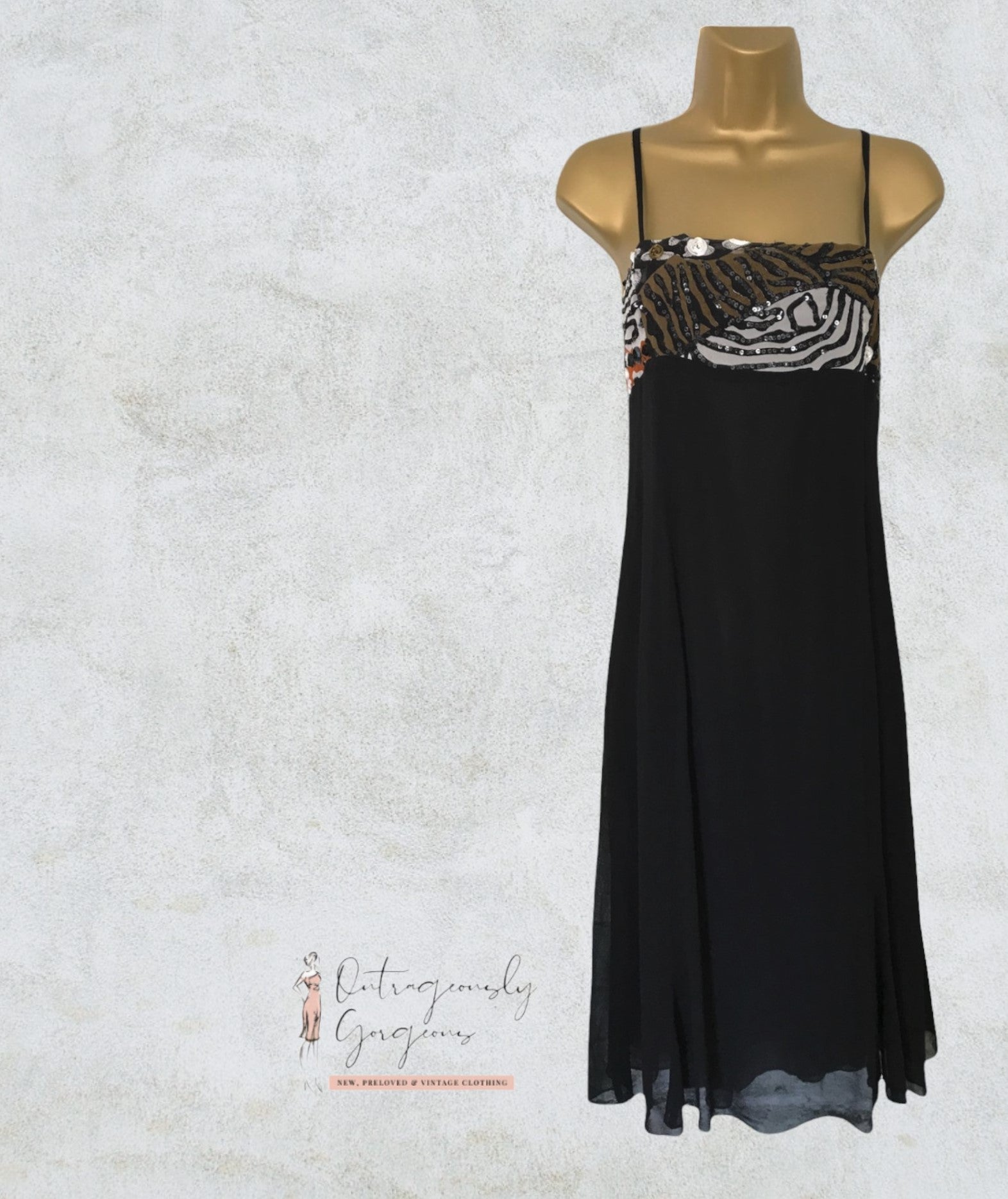James Lakeland Italian Black Chiffon Strappy Sequin Dress UK 12 US 8 EU 40 IT 44 Timeless Fashions