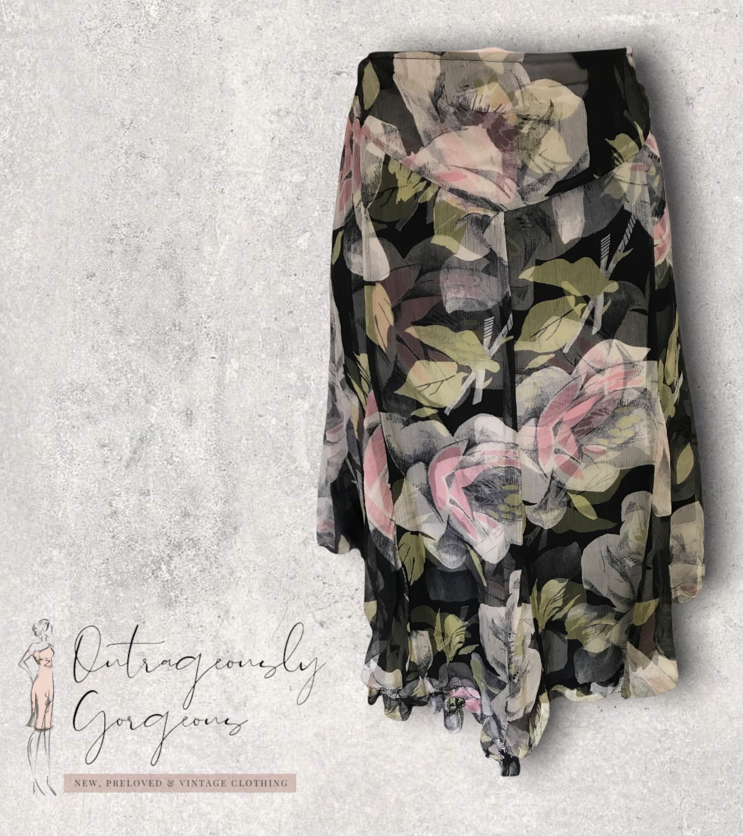 Karen Millen Women's Black Green & Pink Floral Silk Skirt UK 8 US 4 EU 36 Timeless Fashions