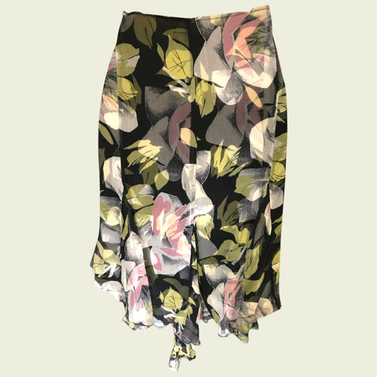 Karen Millen floral asymmetrical skirt on beige background