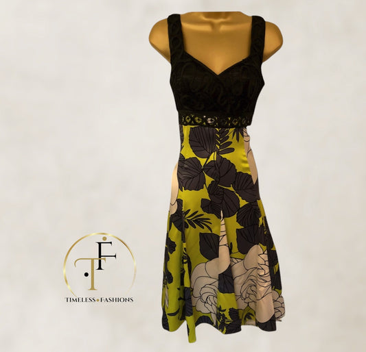Coast Black & Lime Green Print Sleeveless Silk Dress Party UK 8 US 4 EU 36 Timeless Fashions