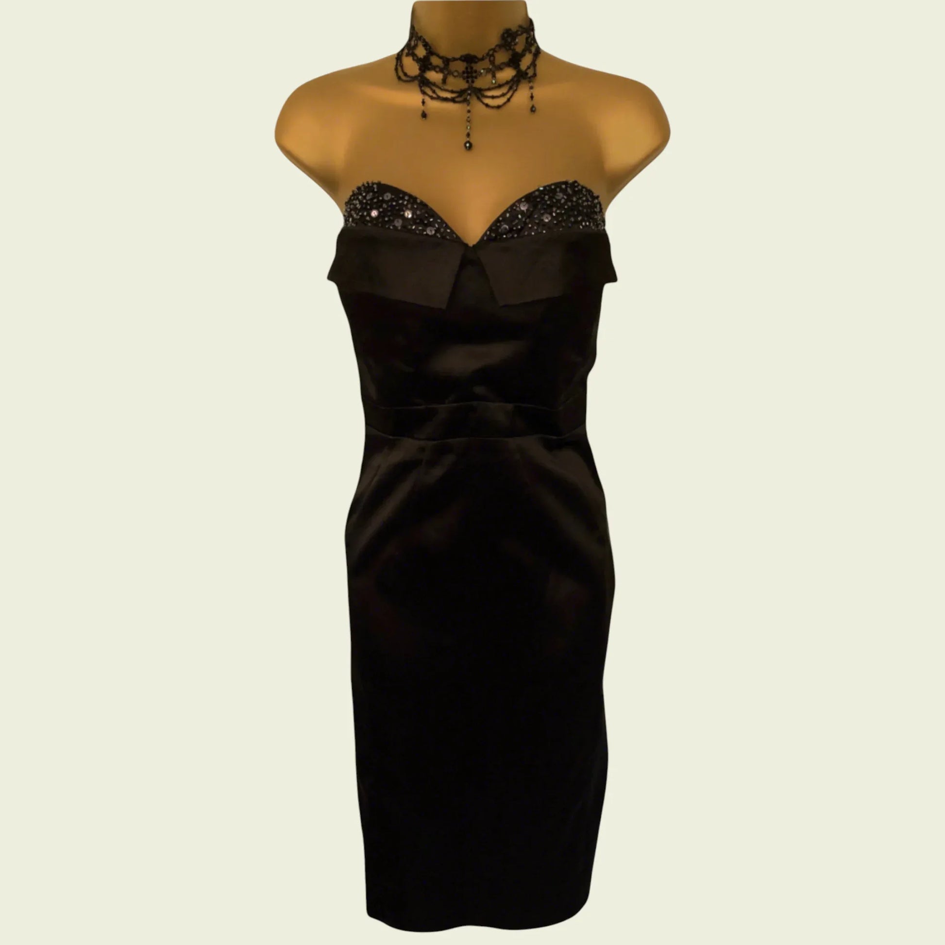 Lipsy Black Satin Strapless Beaded Bust Pencil Dress UK 10 US 6 EU 38 - Timelessfashions