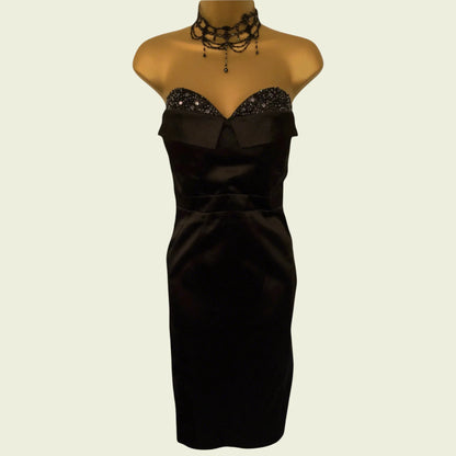 Lipsy Black Satin Strapless Beaded Bust Pencil Dress UK 10 US 6 EU 38 - Timelessfashions