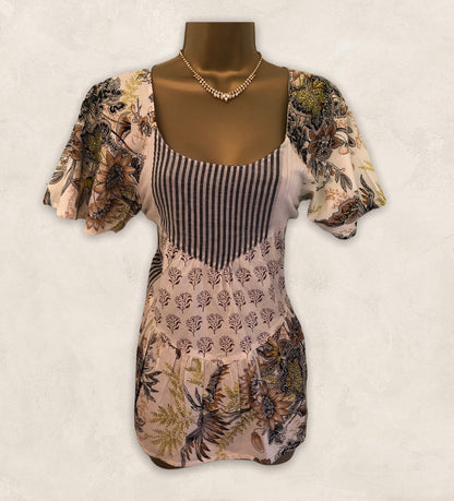 S'Nob Cream Floral Cotton Smock Top UK 10 EU 38 US 6 Timeless Fashions