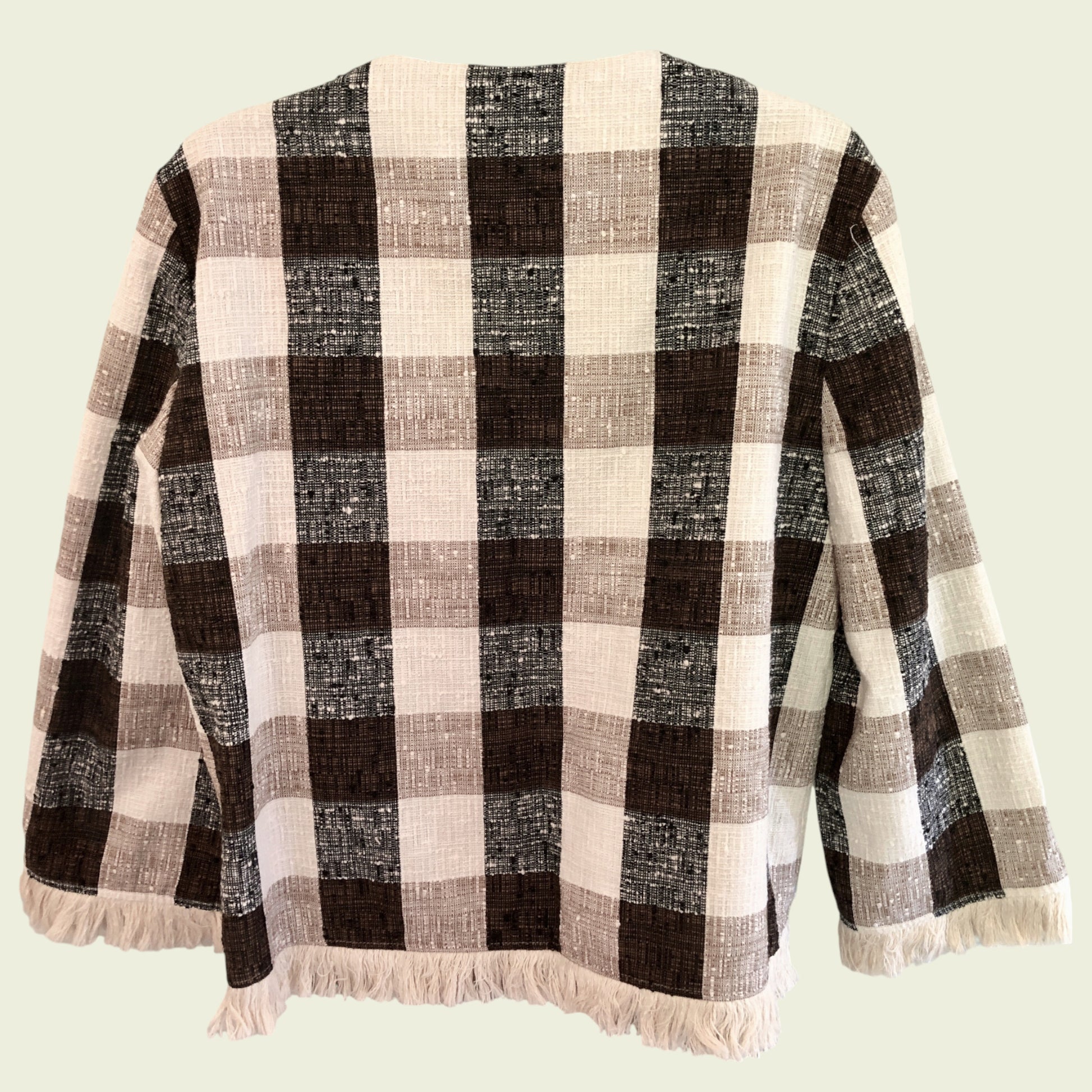 Black and white checkered jacket with frayed edges on a light green background