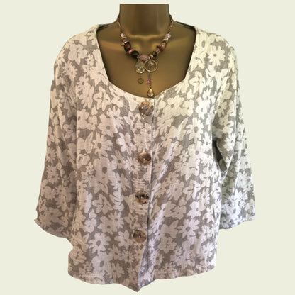 Floral patterned blouse on a mannequin with a plain background