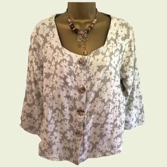 Floral patterned blouse on a mannequin with a plain background