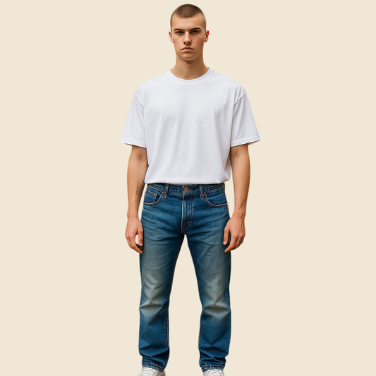 Person wearing a plain white t-shirt and blue jeans on a beige background