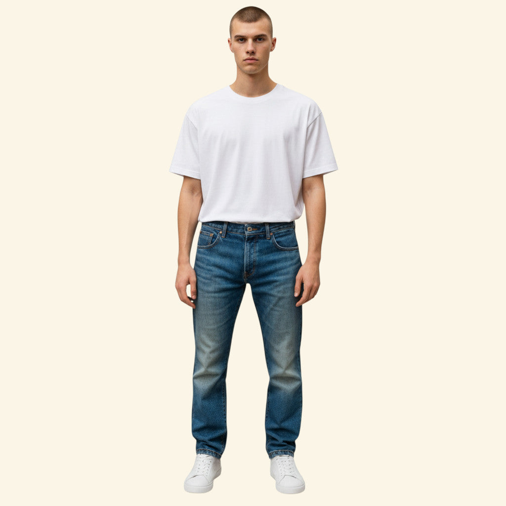 A man modeling a white crewneck t-shirt and blue jeans against a solid cream background.