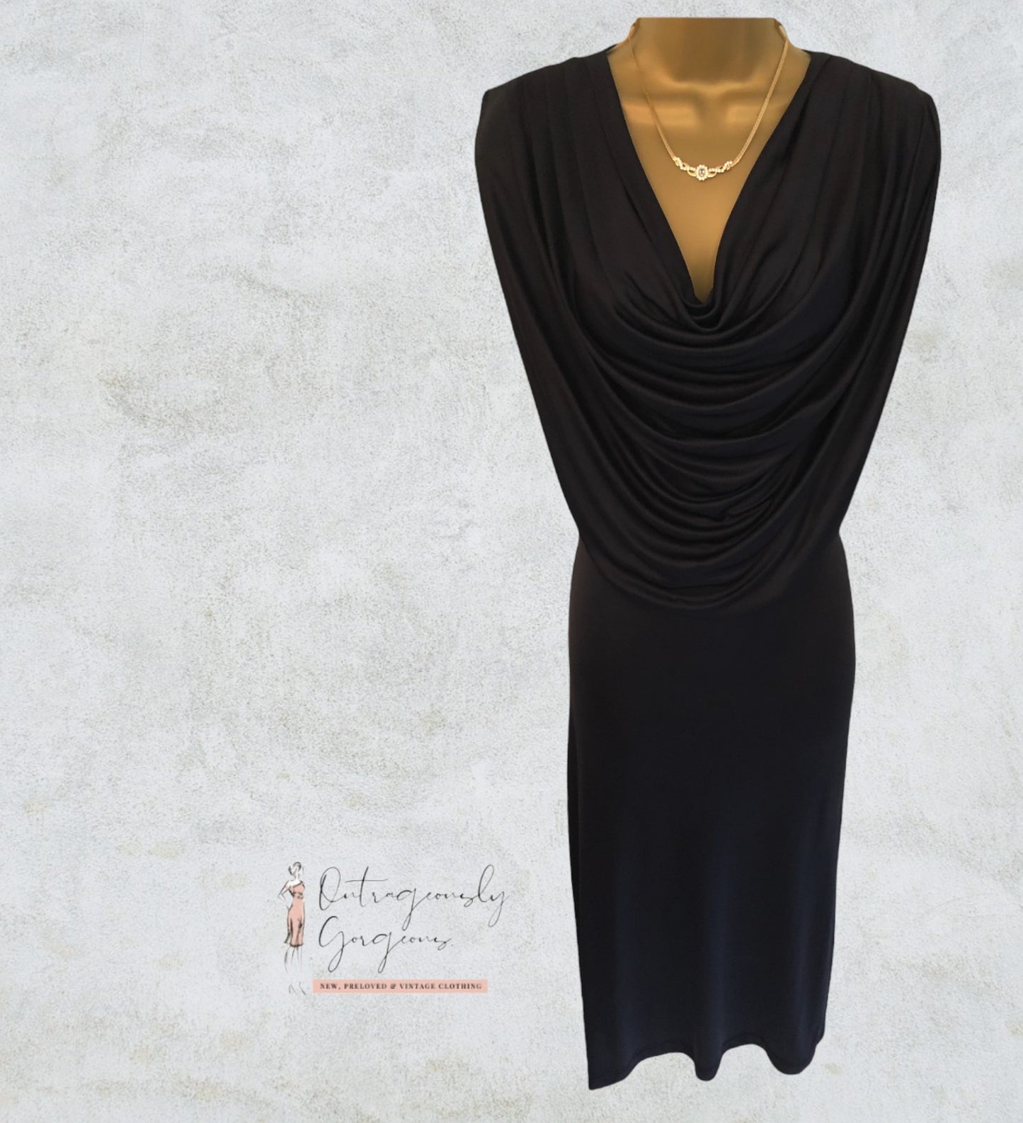 Jean Colonna Rare Vintage Black Silk Jersey Cowl Neck Dress UK 12 US 8 EU 40 Timeless Fashions