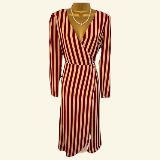 Glamorous Berry Red & Cream Striped Long Sleeve Wrap Dress UK 10 US 8 EU 38 - Timelessfashions