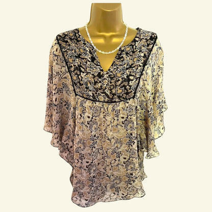 Zara Black & Cream Sheer Chiffon Floral Top Size M UK 12 US 8 EU 40 - Timelessfashions