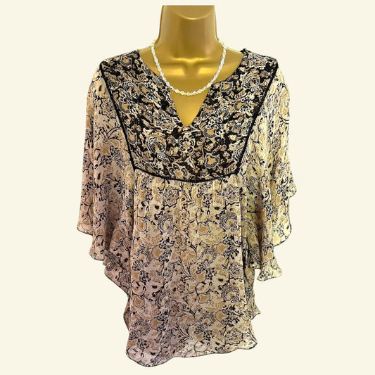 Zara Black & Cream Sheer Chiffon Floral Top Size M UK 12 US 8 EU 40 - Timelessfashions