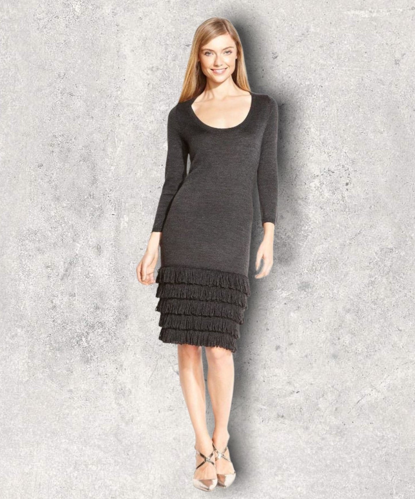 Calvin Klein Charcoal Grey Knit 3/4 Sleeve Jumper Dress Size L UK 16 US 12 EU 44 Timeless Fashions