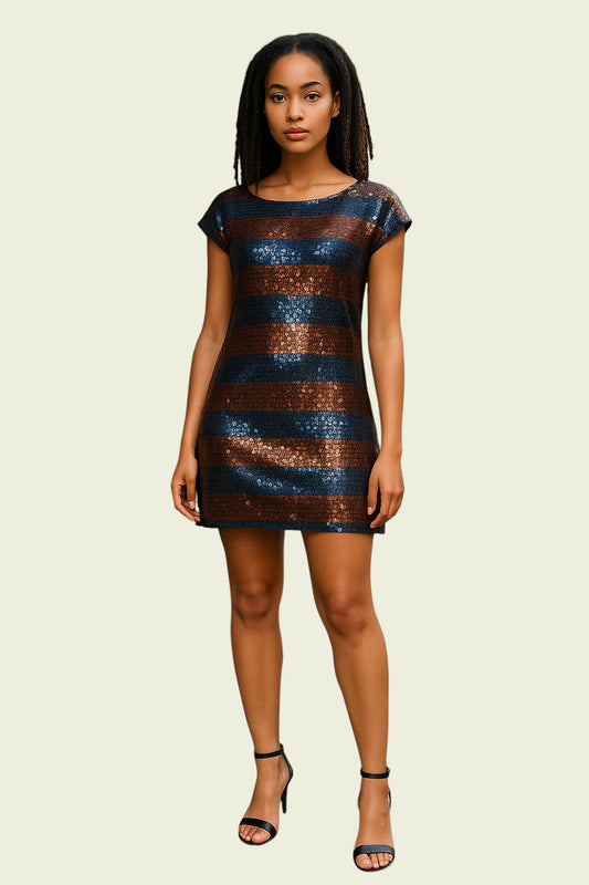 Woman wearing a striped dress on a beige background