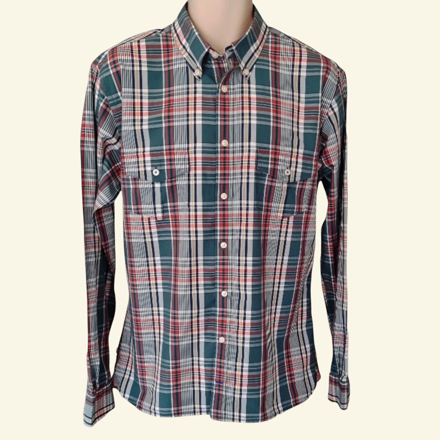 Tommy Hilfiger Men's Green & Red Check Long Sleeve Oxford Shirt Size 40 16 ½ - Timelessfashions