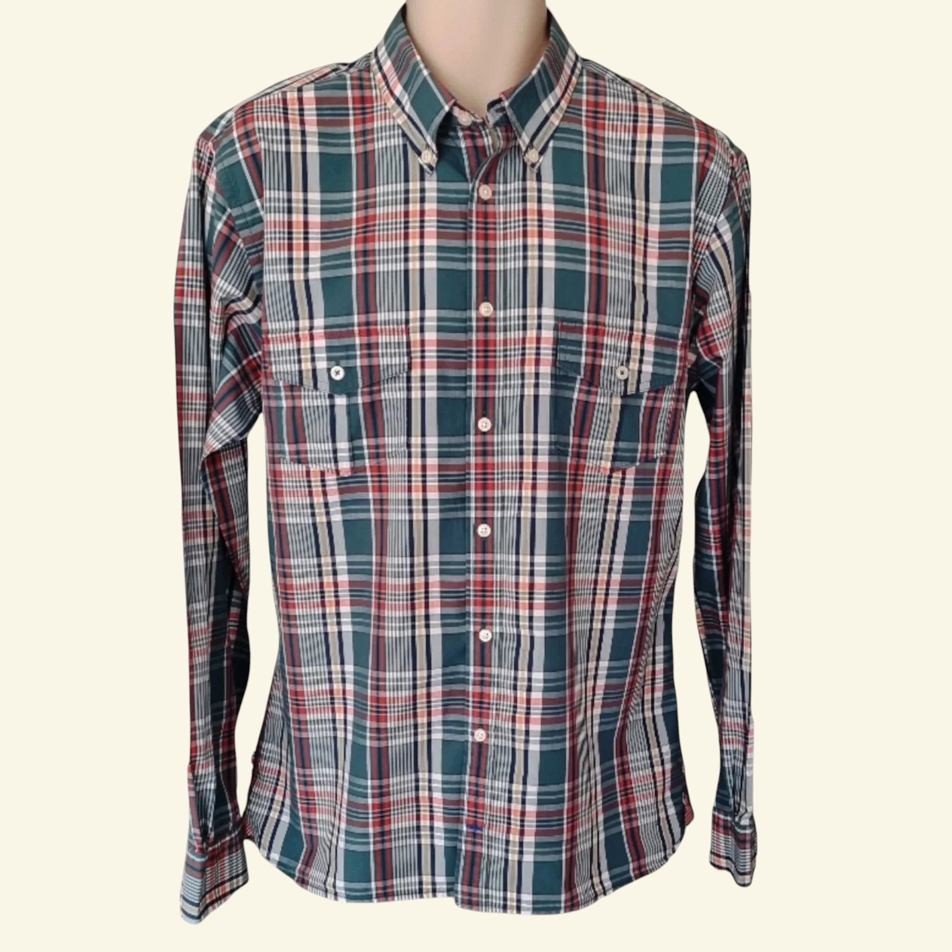Tommy Hilfiger Men's Green & Red Check Long Sleeve Oxford Shirt Size 40 16 ½ - Timelessfashions
