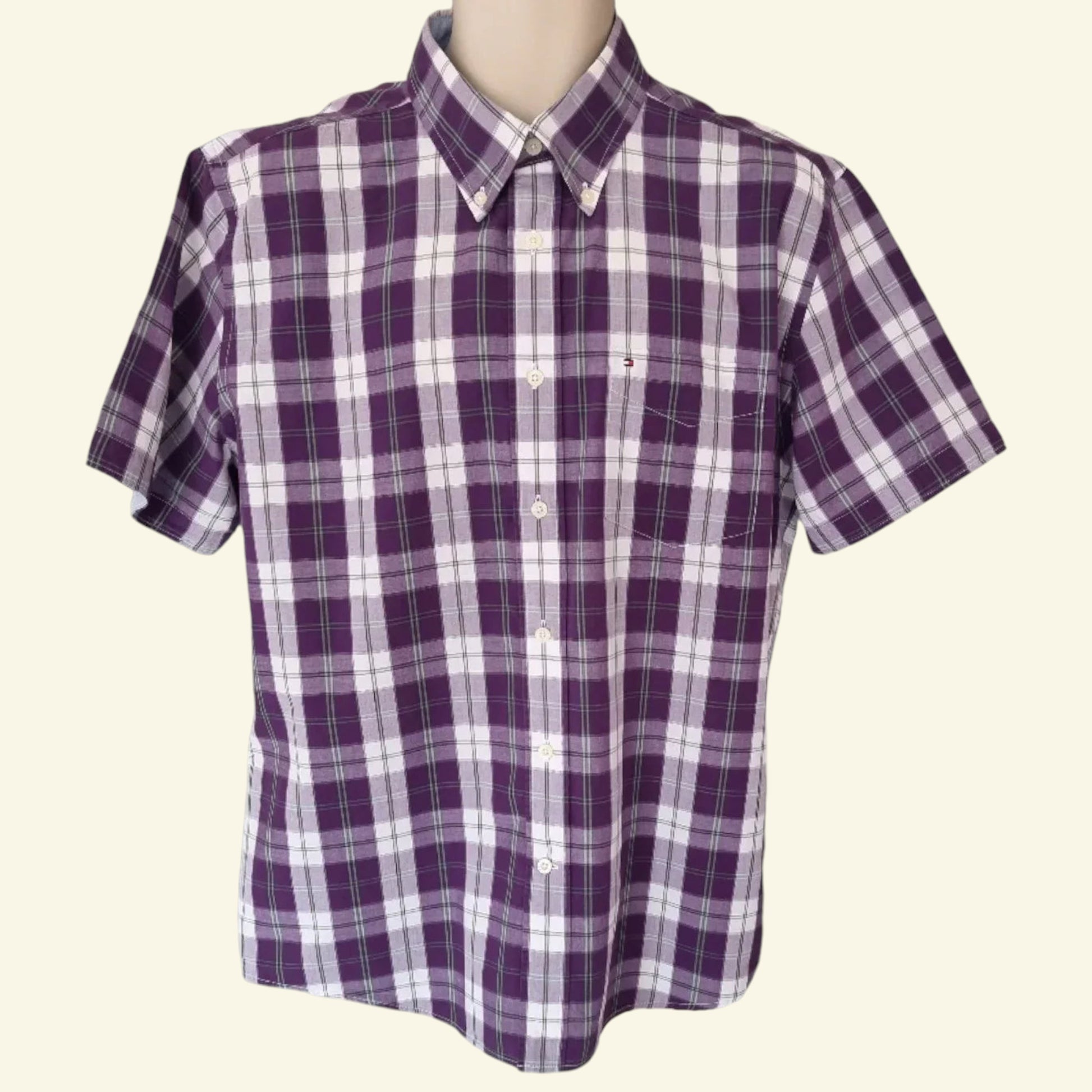 Tommy Hilfiger Men's Mauve & White Check Short Sleeve Oxford Shirt Size 40 18 ½ - Timelessfashions
