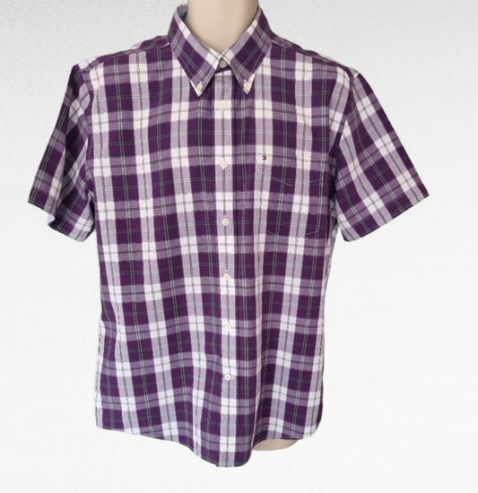 Tommy Hilfiger Men's Mauve & White Check Short Sleeve Oxford Shirt Size 40 18 ½ Timeless Fashions