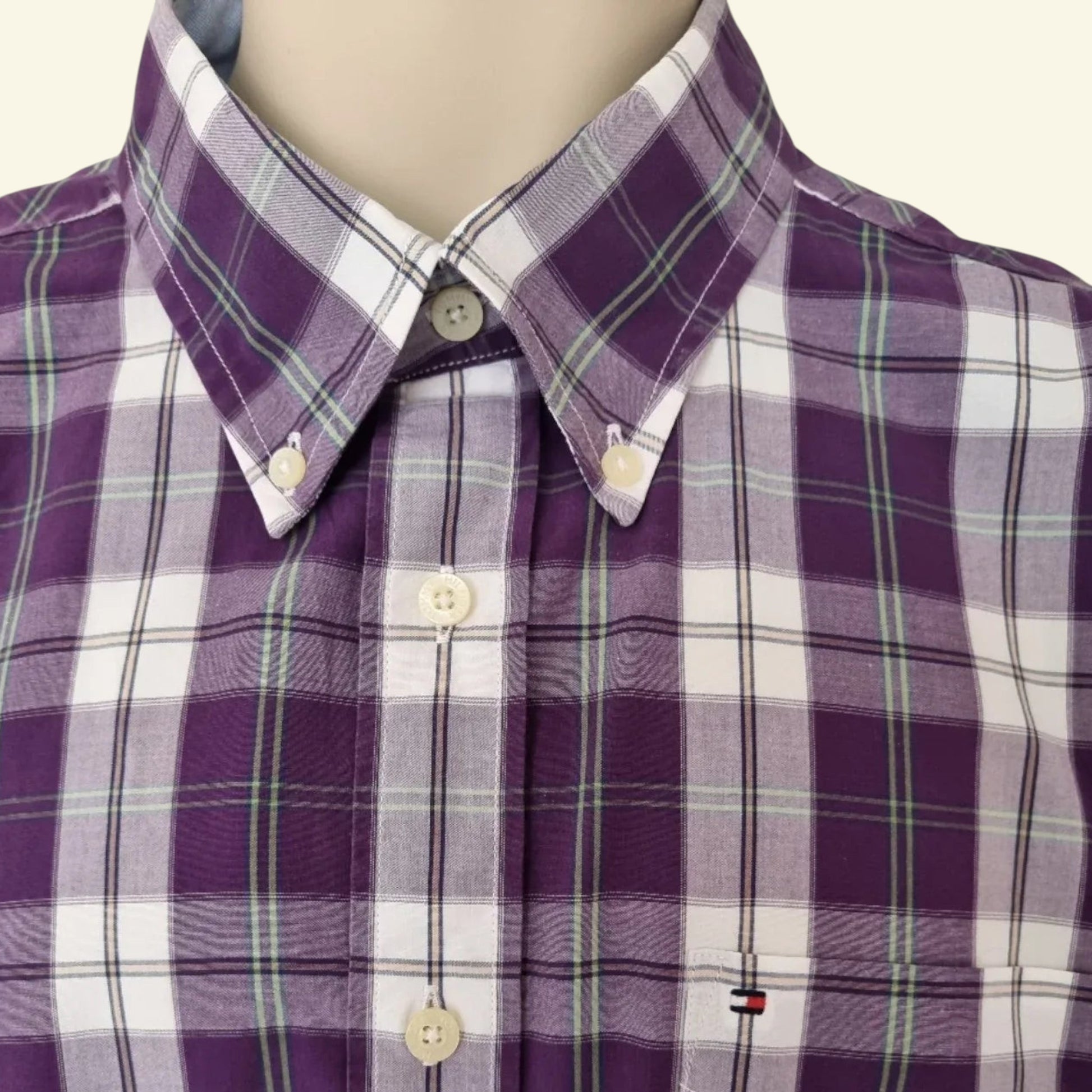 Tommy Hilfiger Men's Mauve & White Check Short Sleeve Oxford Shirt Size 40 18 ½ - Timelessfashions