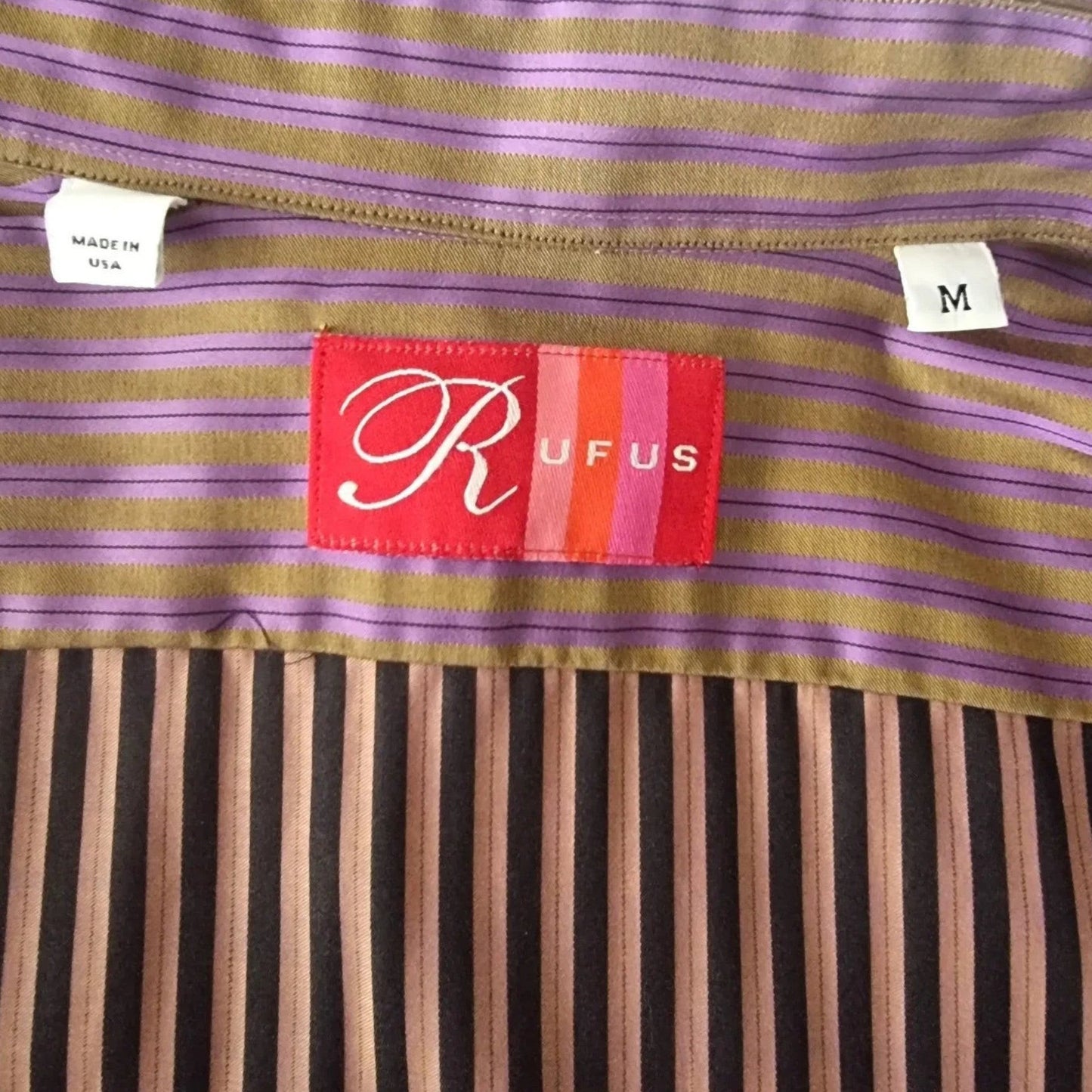 Rufus Men's Brown/Gold/ Lilac Stripe Shirt Size M - Timelessfashions