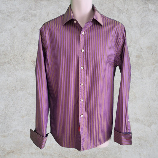 Rufus Men's Brown/Gold with Lilac stripes Long Sleeve Button Front Shirt Contrasting Flip Cuff. Size M Timeless Fashions