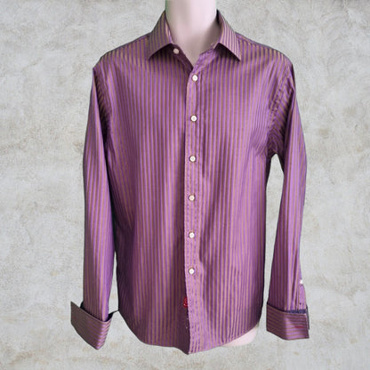 Rufus Men's Brown/Gold/ Lilac Stripe Shirt Size M Timeless Fashions