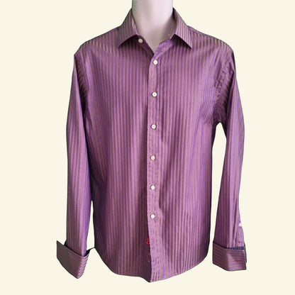 Rufus Men's Brown/Gold/ Lilac Stripe Shirt Size M - Timelessfashions