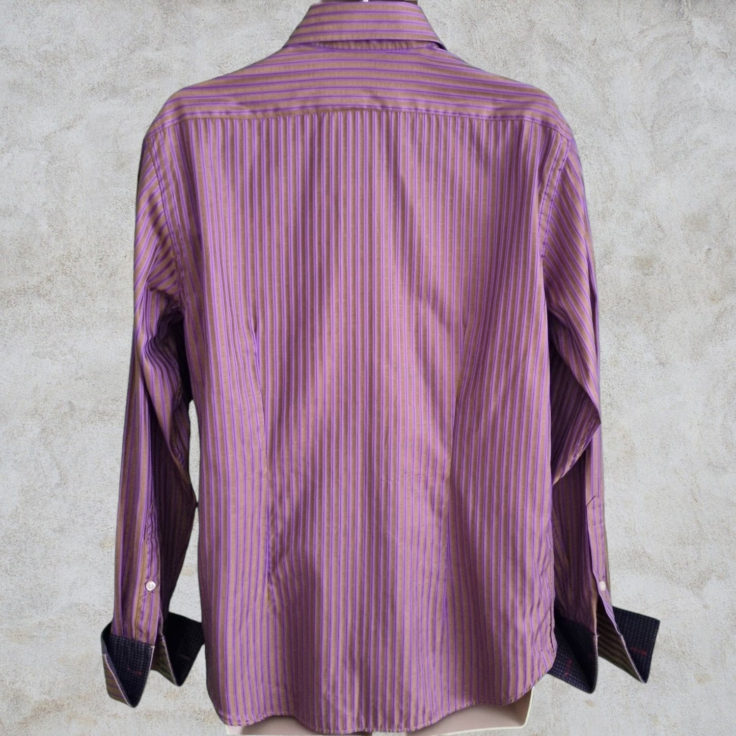 Rufus Men's Brown/Gold with Lilac stripes Long Sleeve Button Front Shirt Contrasting Flip Cuff. Size M Timeless Fashions