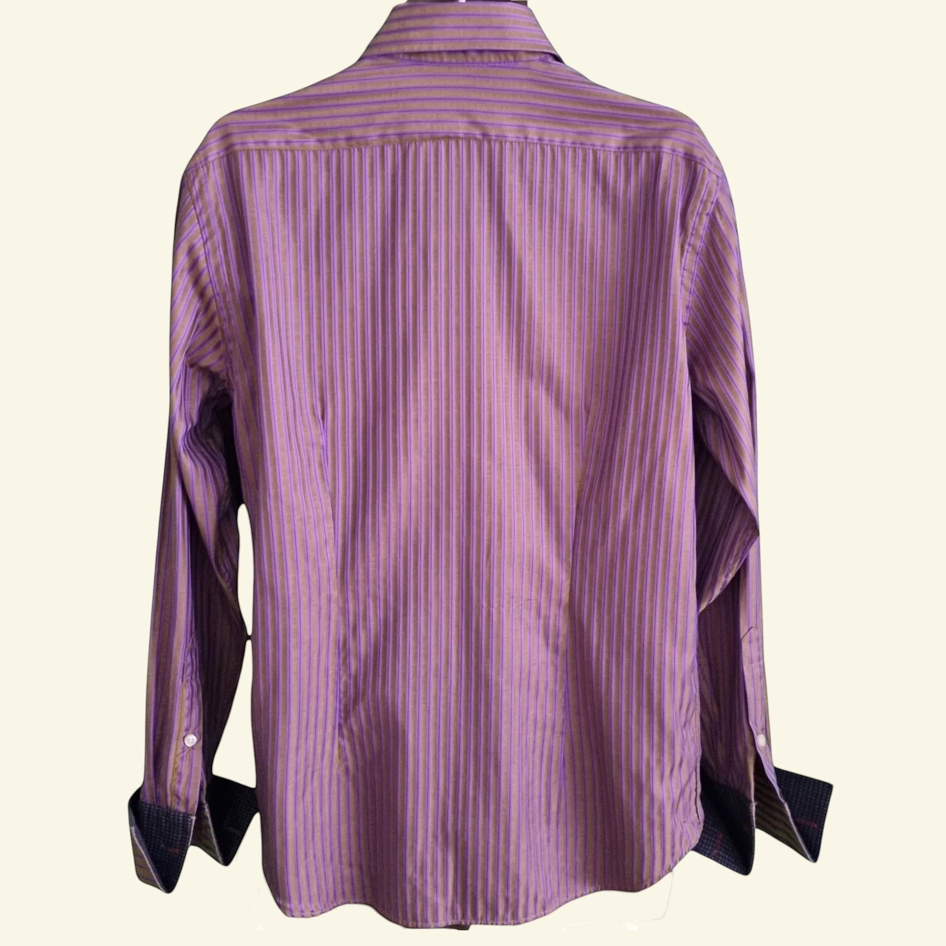 Rufus Men's Brown/Gold/ Lilac Stripe Shirt Size M - Timelessfashions