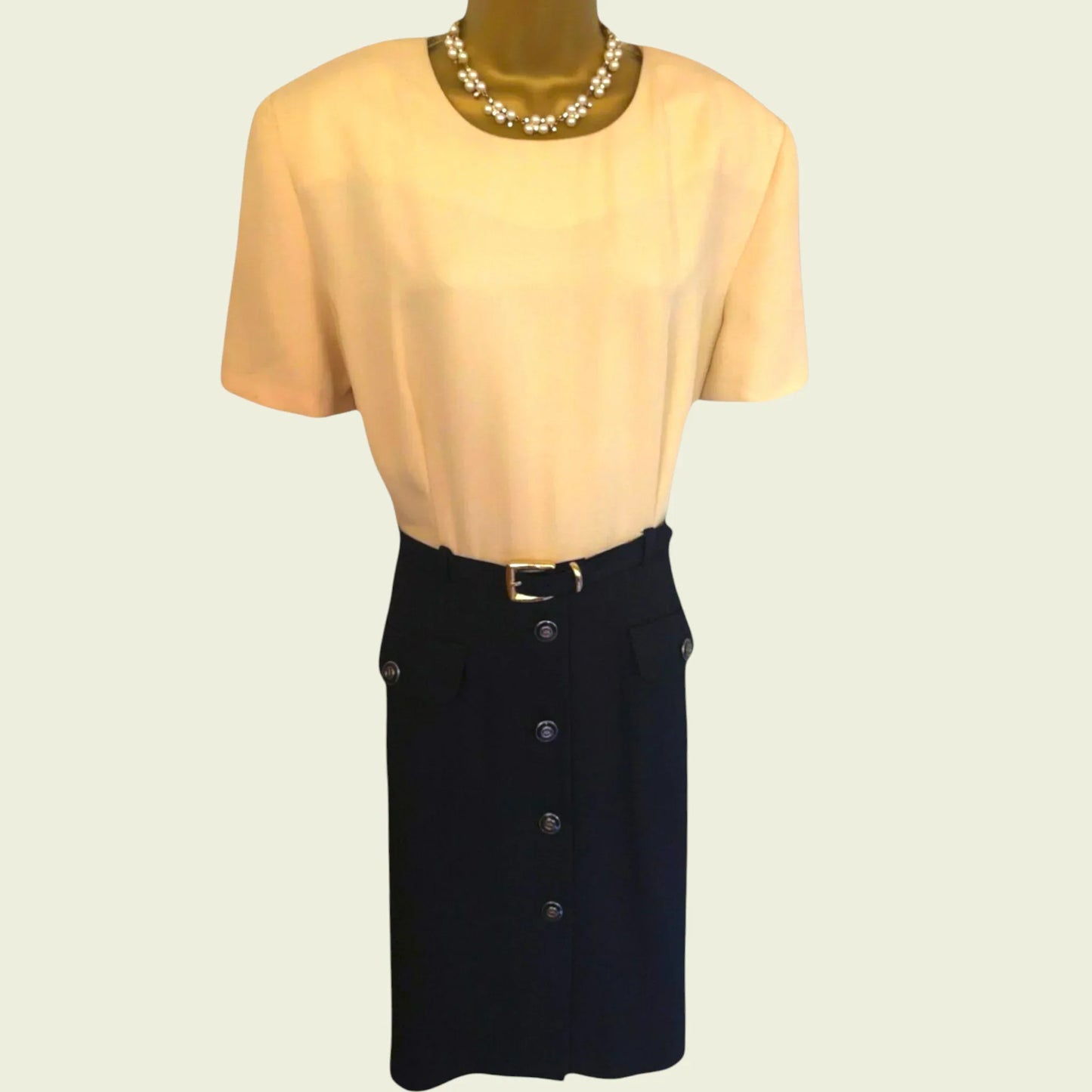 Joseph Ribkoff Vintage Yellow & Navy Short Sleeve Belted Dress UK 16 US 12 EU 44 - Timelessfashions