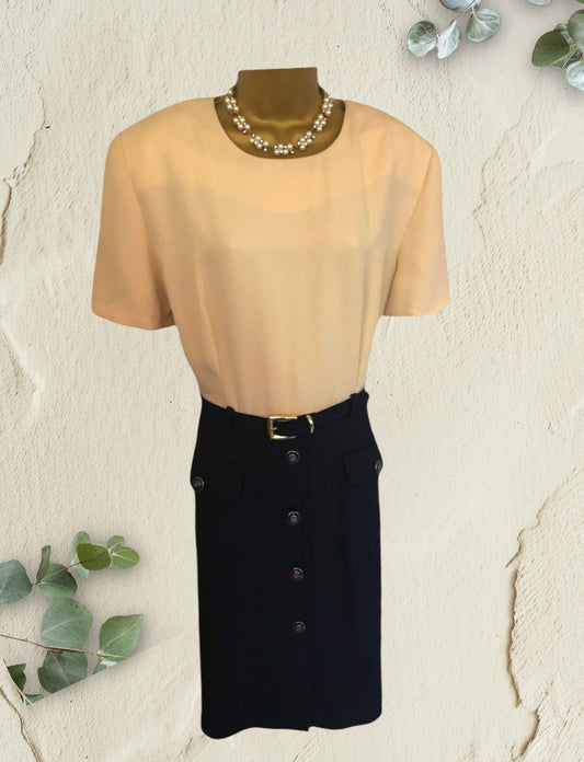 Joseph Ribkoff Vintage Yellow & Navy Short Sleeve Belted Dress UK 16 US 12 EU 44 Timeless Fashions