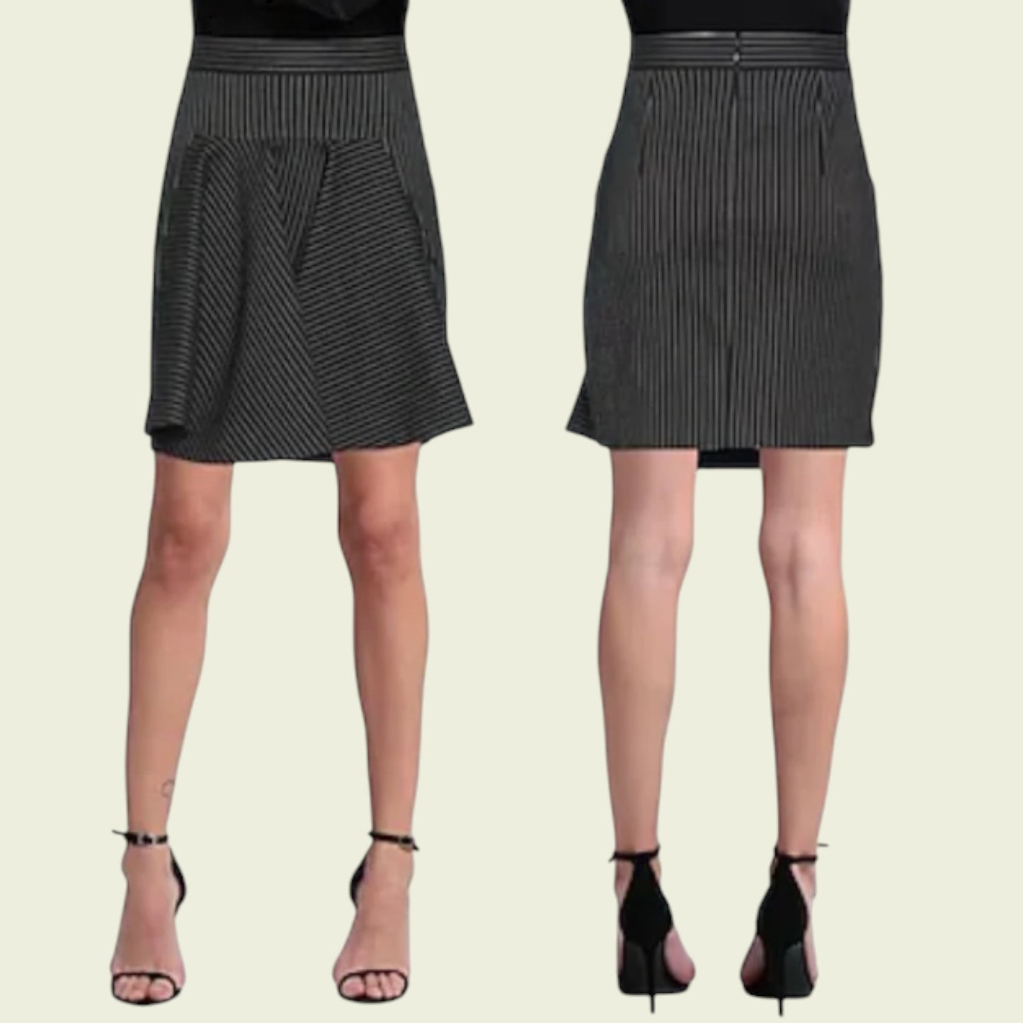 Two views of a black pinstripe skirt on a person against a beige background