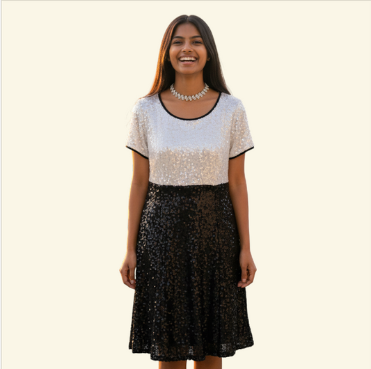 Woman wearing a two-tone dress with a white top and black skirt on a plain background