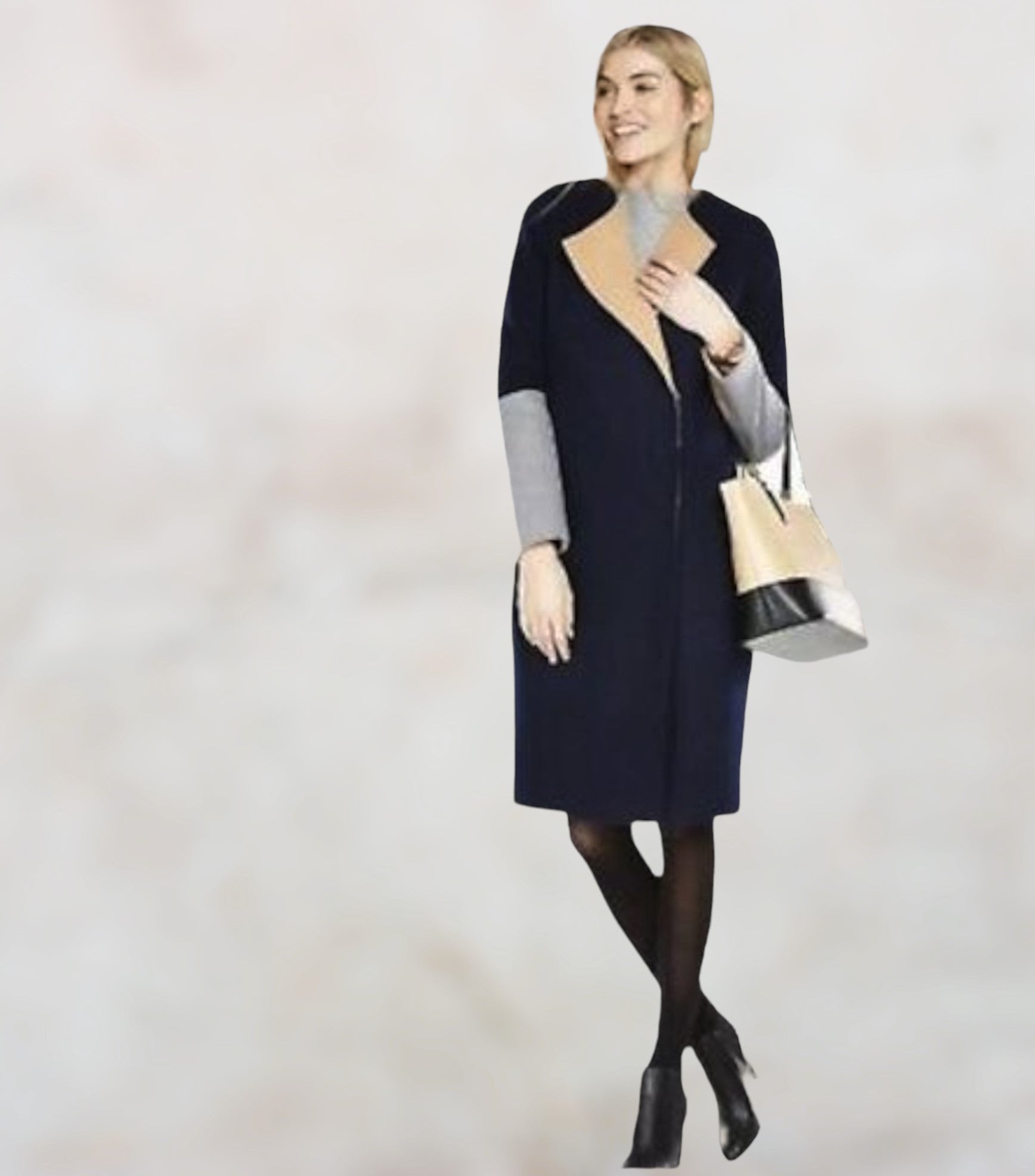 V by Very Womens Navy, Camel & Grey Coat Premium Colour Block Coat UK 20 Timeless Fashions