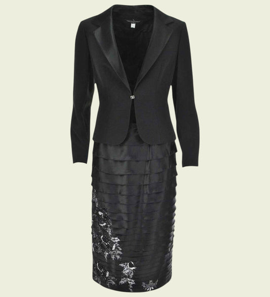 Black suit with a skirt on a beige background