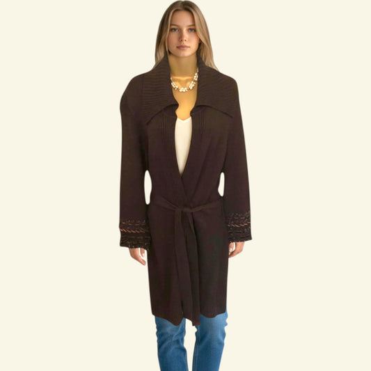 Betty Barclay long brown viscose-blend cardigan with rabbit fur trim on cuffs and belted waist. Ribbed collar.